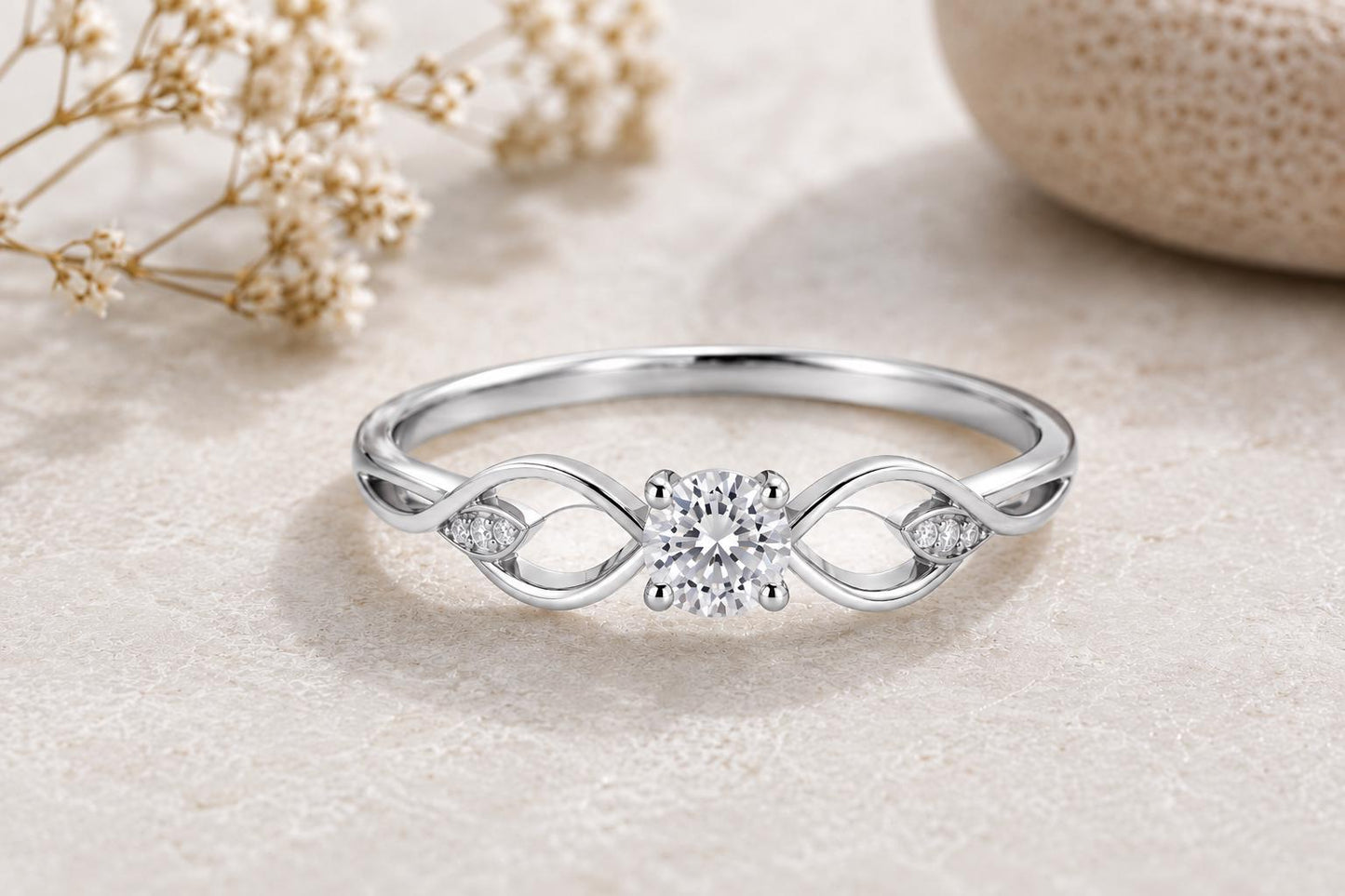 925 Sterling Silver Infinity Ring, Moissanite Engagement, Dainty Wedding Band