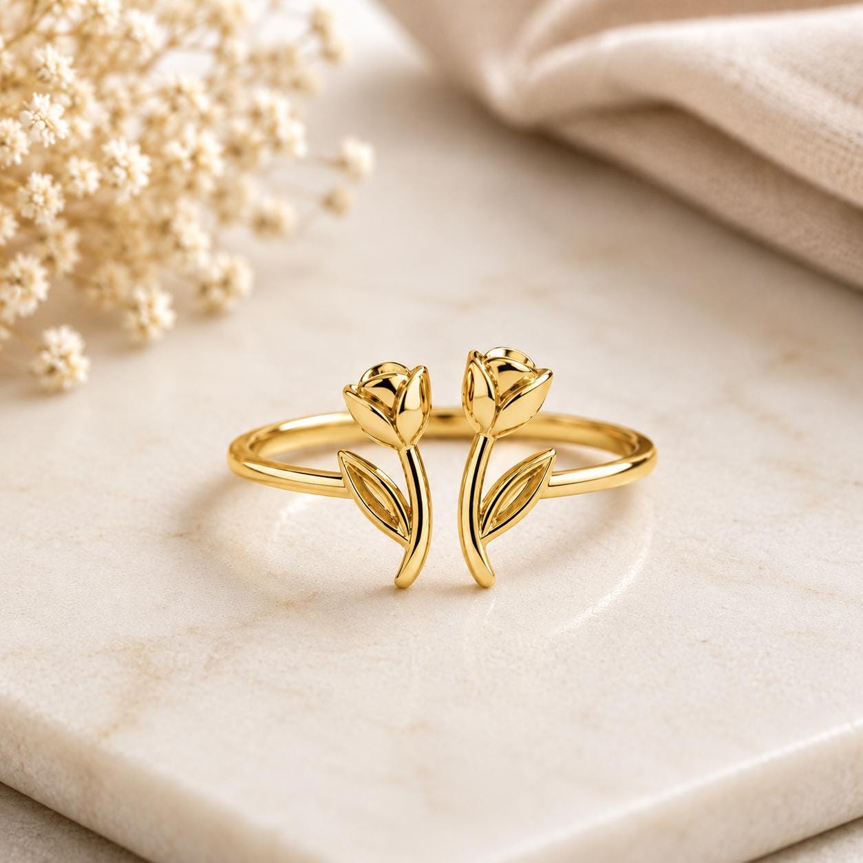 925 Sterling Silver Double Tulip Ring, Minimalist Flower Ring, Adjustable Floral Ring, Nature Inspired Gift for Her, Botanical Jewelry