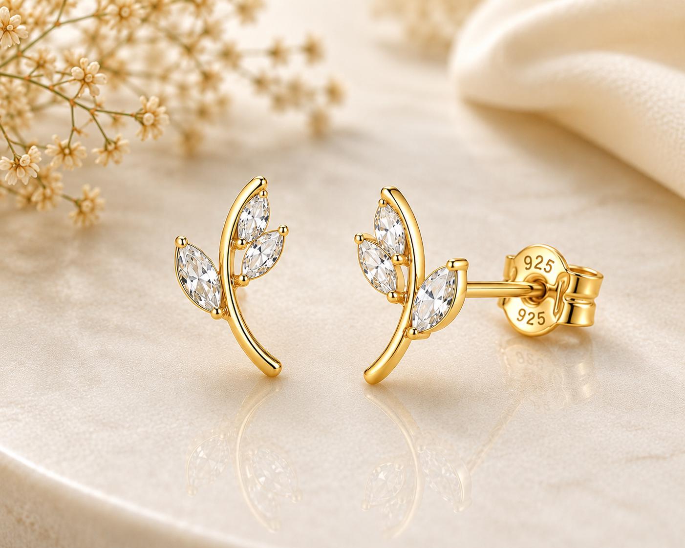 Sterling Silver Leaf Stud Earrings, Marquise Cubic Zirconia, Nature Inspired Minimalist Studs