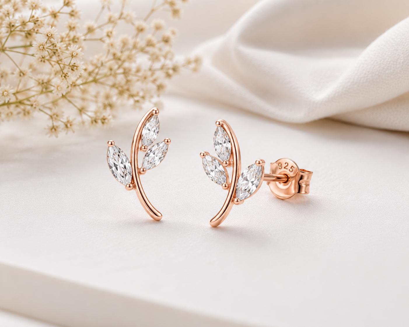 Sterling Silver Leaf Stud Earrings, Marquise Cubic Zirconia, Nature Inspired Minimalist Studs