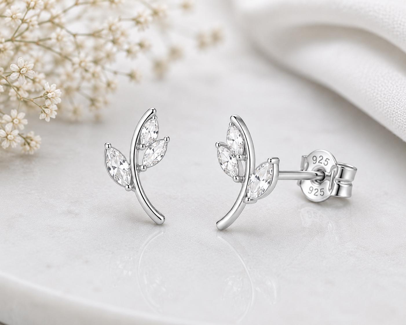 Sterling Silver Leaf Stud Earrings, Marquise Cubic Zirconia, Nature Inspired Minimalist Studs