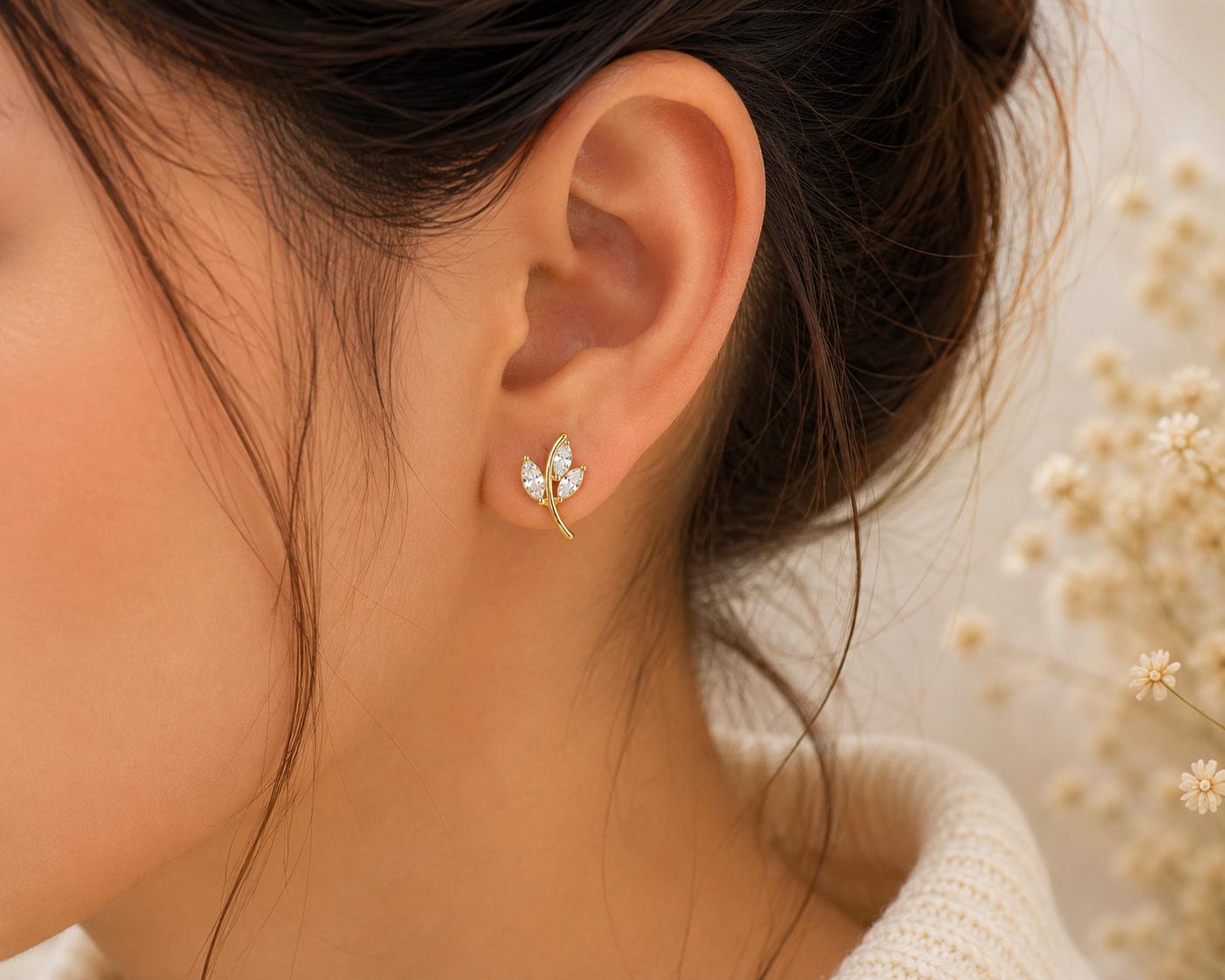 Sterling Silver Leaf Stud Earrings, Marquise Cubic Zirconia, Nature Inspired Minimalist Studs