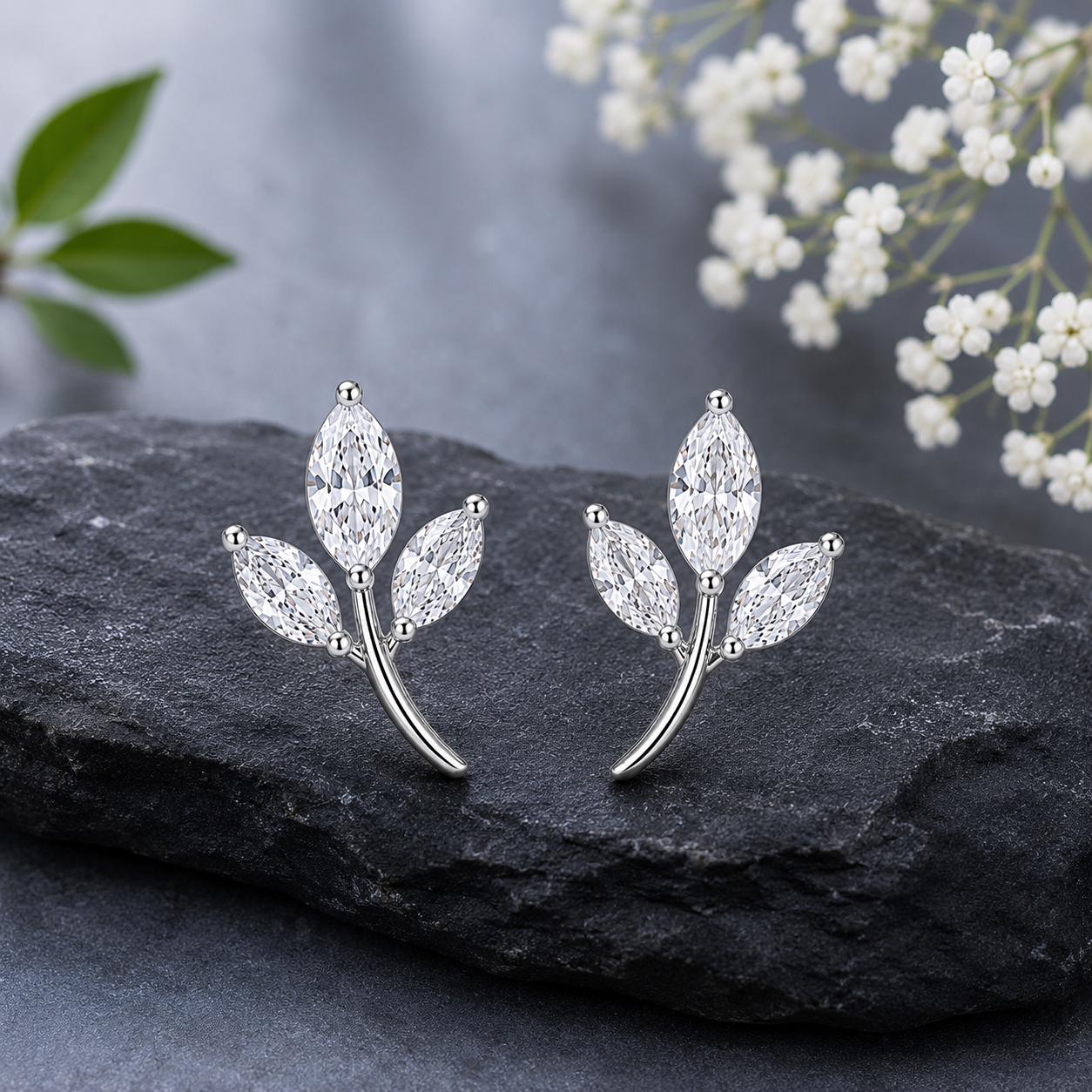 Sterling Silver Leaf Earrings, Marquise CZ Botanical Studs, Dainty Nature Jewelry