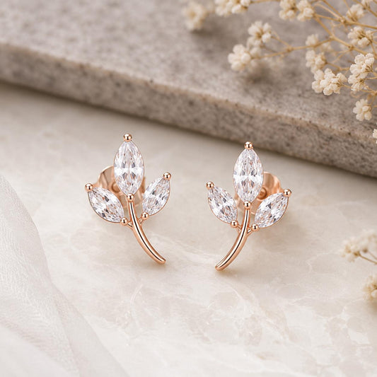 Sterling Silver Leaf Earrings, Marquise CZ Botanical Studs, Dainty Nature Jewelry