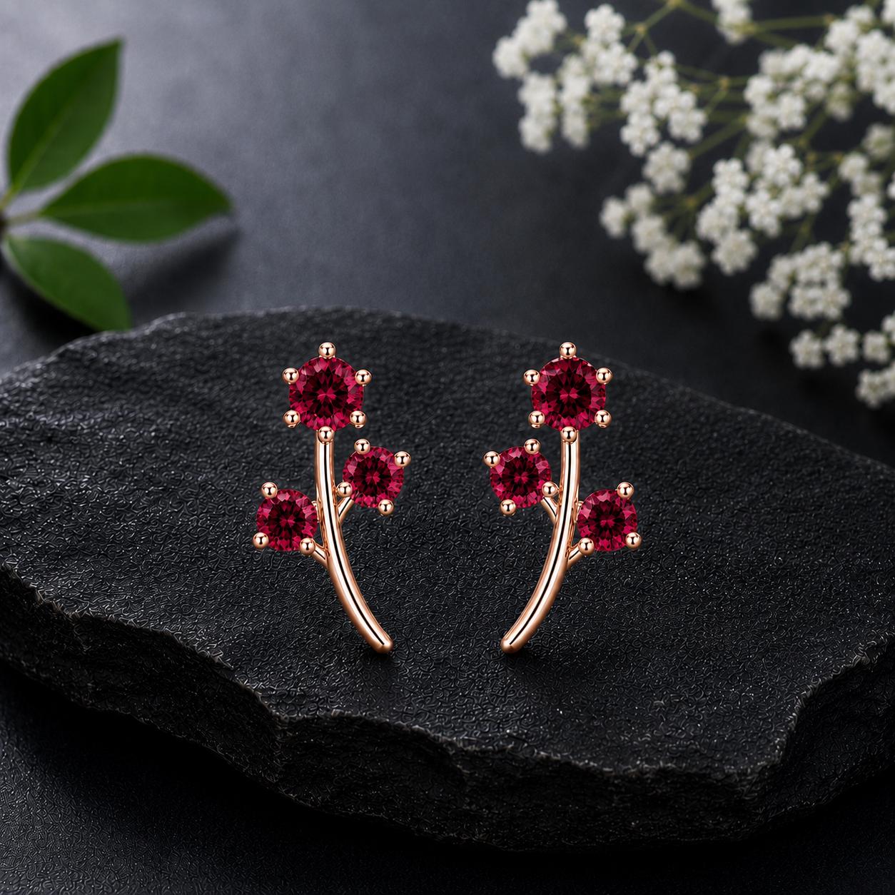 925 Sterling Silver Red CZ Leaf Stud Earrings, Botanical Floral Design, Ruby Red Stones