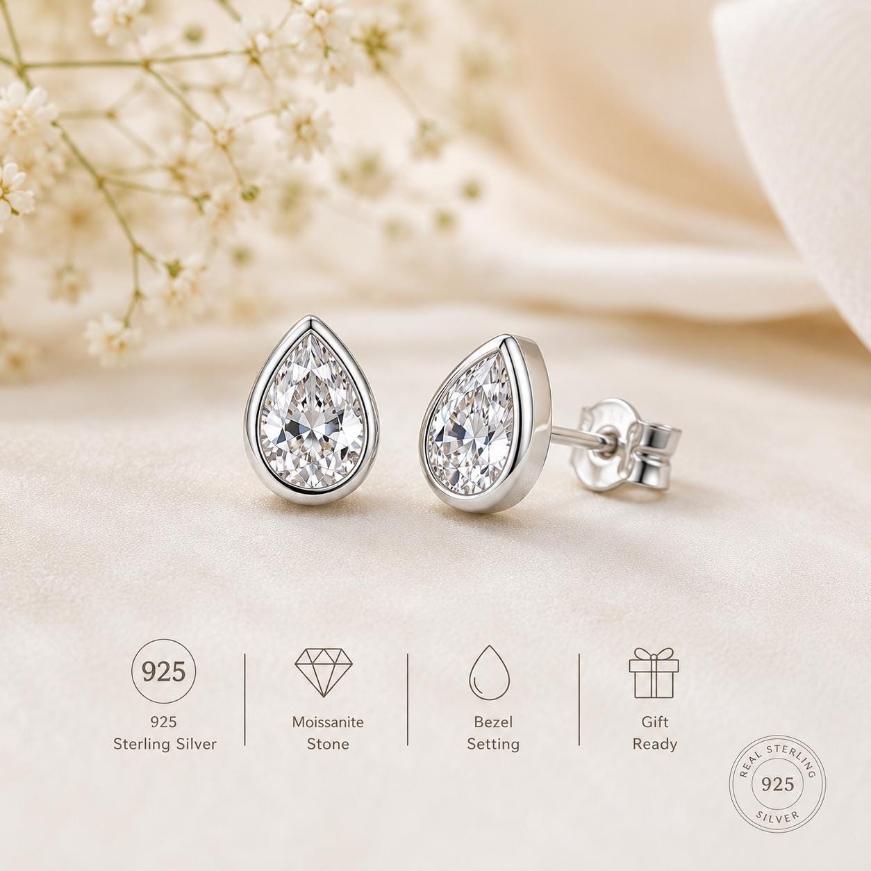 925 Sterling Silver Pear Moissanite Stud Earrings, Bezel Set Teardrop Dainty Minimalist Jewelry