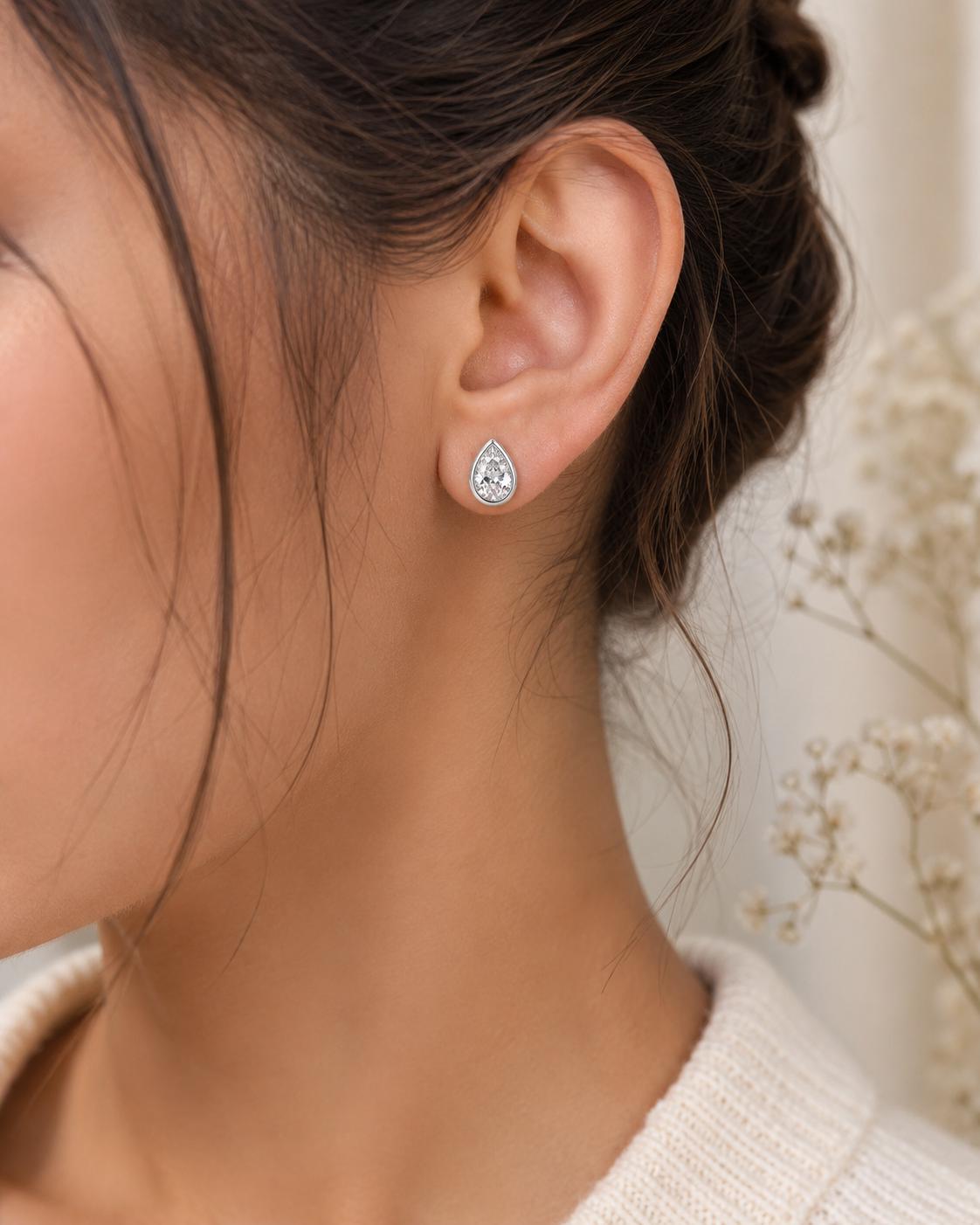 925 Sterling Silver Pear Moissanite Stud Earrings, Bezel Set Teardrop Dainty Minimalist Jewelry