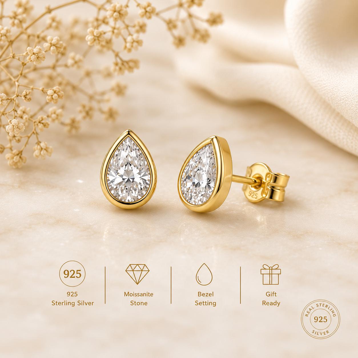 925 Sterling Silver Pear Moissanite Stud Earrings, Bezel Set Teardrop Dainty Minimalist Jewelry