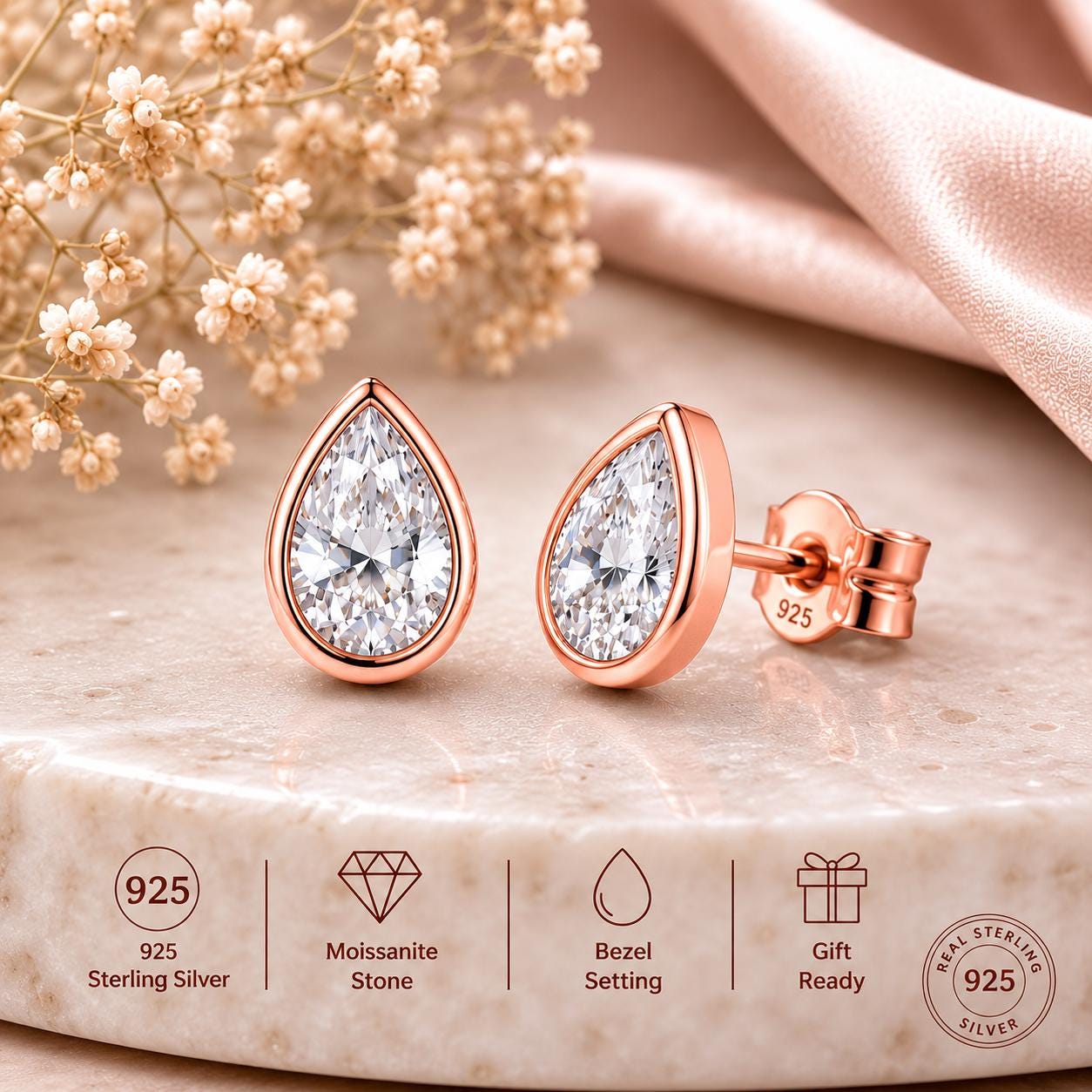 925 Sterling Silver Pear Moissanite Stud Earrings, Bezel Set Teardrop Dainty Minimalist Jewelry