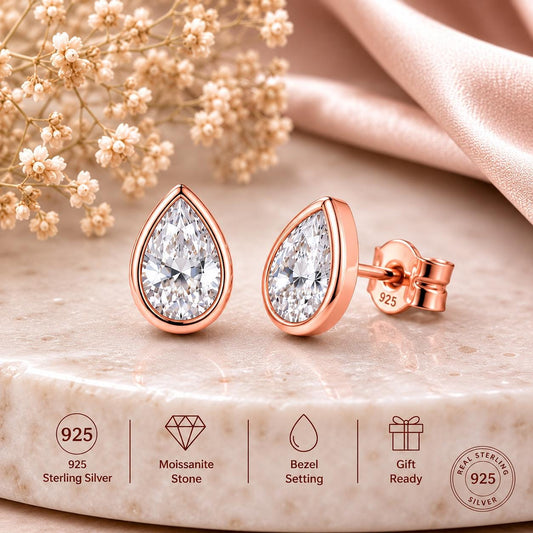925 Sterling Silver Pear Moissanite Stud Earrings, Bezel Set Teardrop Dainty Minimalist Jewelry