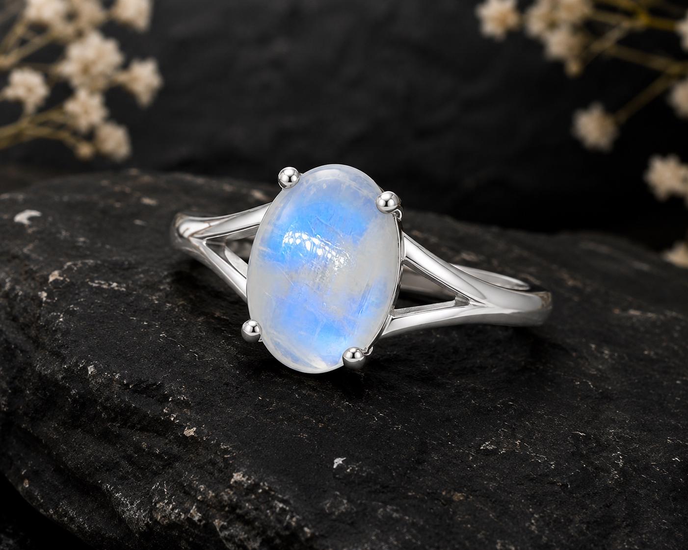 925 Sterling Silver Oval Moonstone Ring, Natural Blue Flash Solitaire Ring