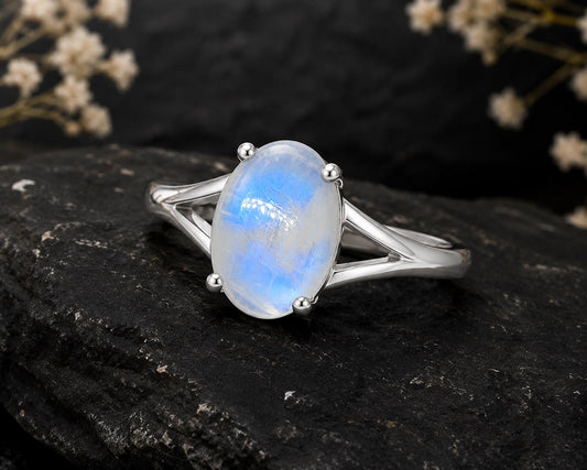 925 Sterling Silver Oval Moonstone Ring, Natural Blue Flash Solitaire Ring