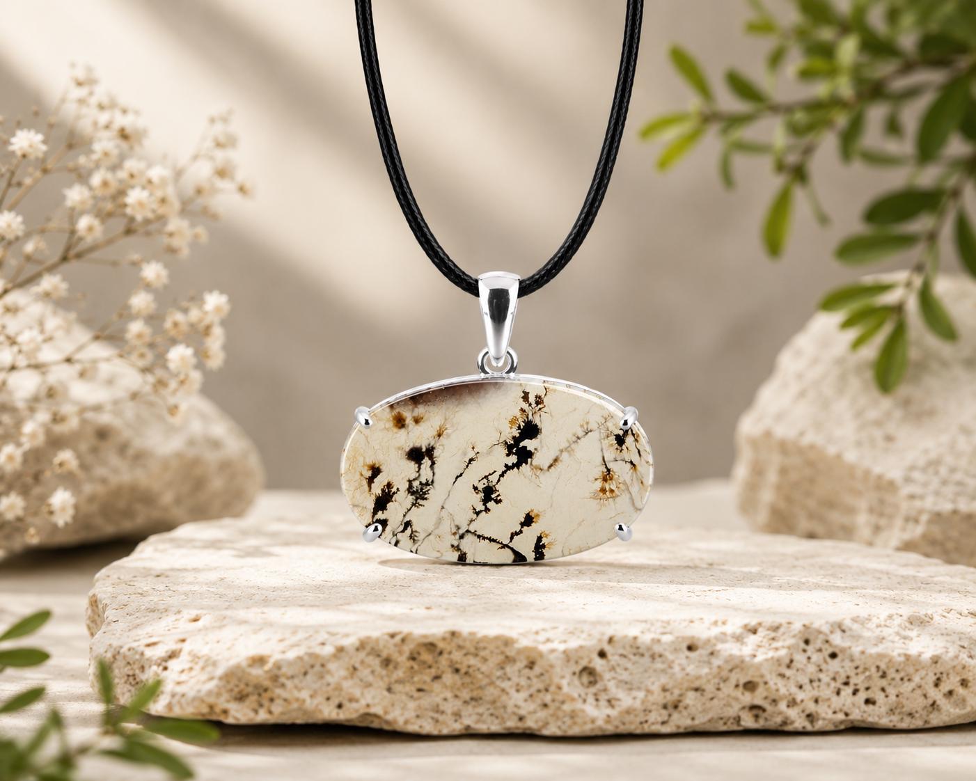 925 Sterling Silver Shazar Dendrite Agate Pendant, Natural Dendritic Agate Necklace, Gemstone Pendant, Handmade Nature Jewelry, Gift for Her