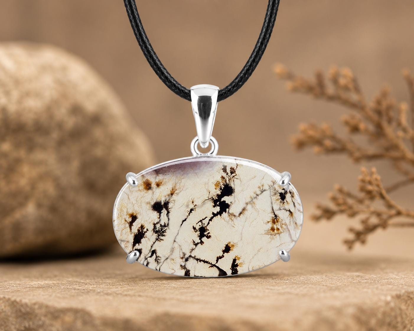 925 Sterling Silver Shazar Dendrite Agate Pendant, Natural Dendritic Agate Necklace, Gemstone Pendant, Handmade Nature Jewelry, Gift for Her