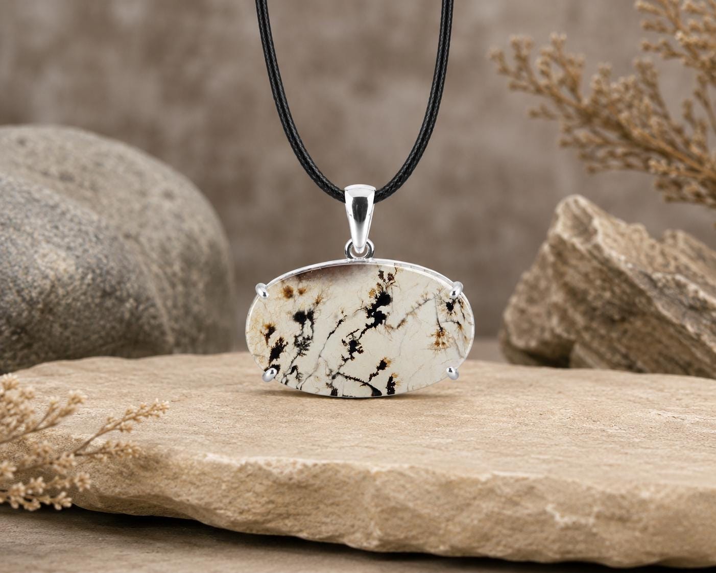 925 Sterling Silver Shazar Dendrite Agate Pendant, Natural Dendritic Agate Necklace, Gemstone Pendant, Handmade Nature Jewelry, Gift for Her