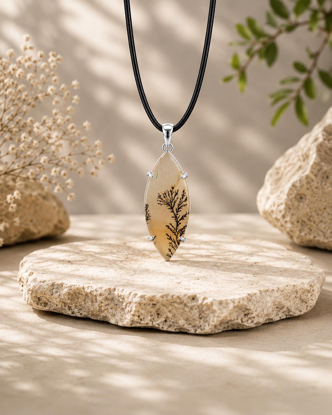 925 Sterling Silver Shazar Dendrite Agate Pendant, Natural Marquise Dendritic Agate Necklace, Handmade Gemstone Pendant, Nature Jewelry