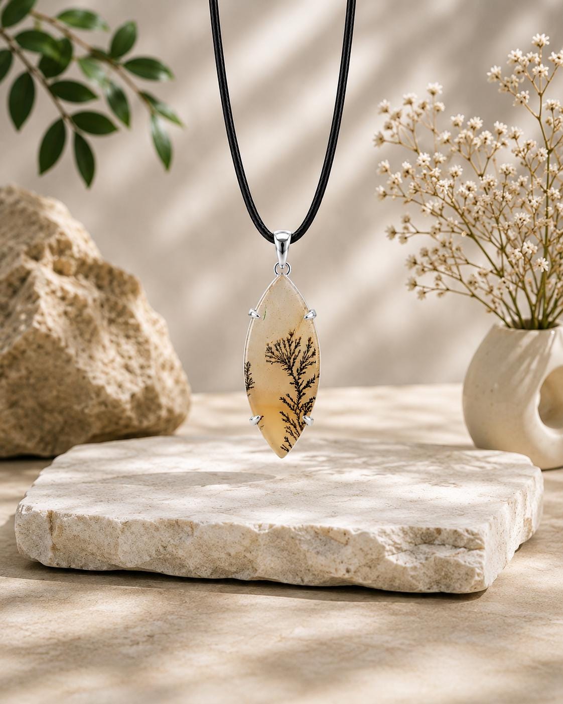 925 Sterling Silver Shazar Dendrite Agate Pendant, Natural Marquise Dendritic Agate Necklace, Handmade Gemstone Pendant, Nature Jewelry