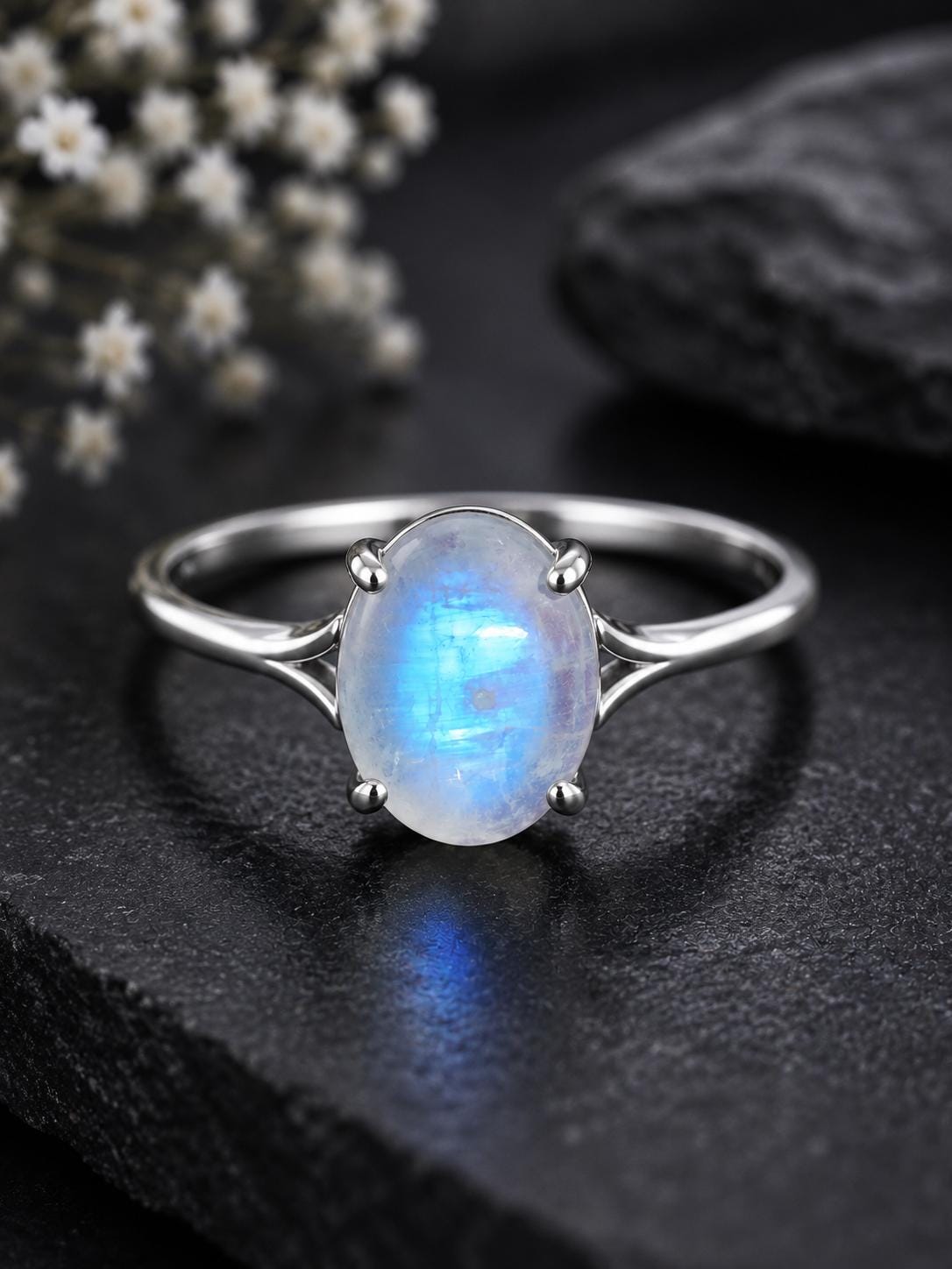 925 Sterling Silver Oval Moonstone Ring, Minimalist Solitaire, June Birthstone