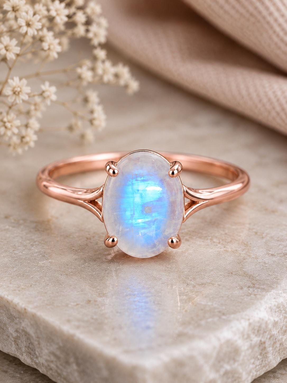 925 Sterling Silver Oval Moonstone Ring, Minimalist Solitaire, June Birthstone