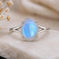925 Sterling Silver Oval Moonstone Ring, Blue Flash, June Birthstone, Split Shank, Boho Style