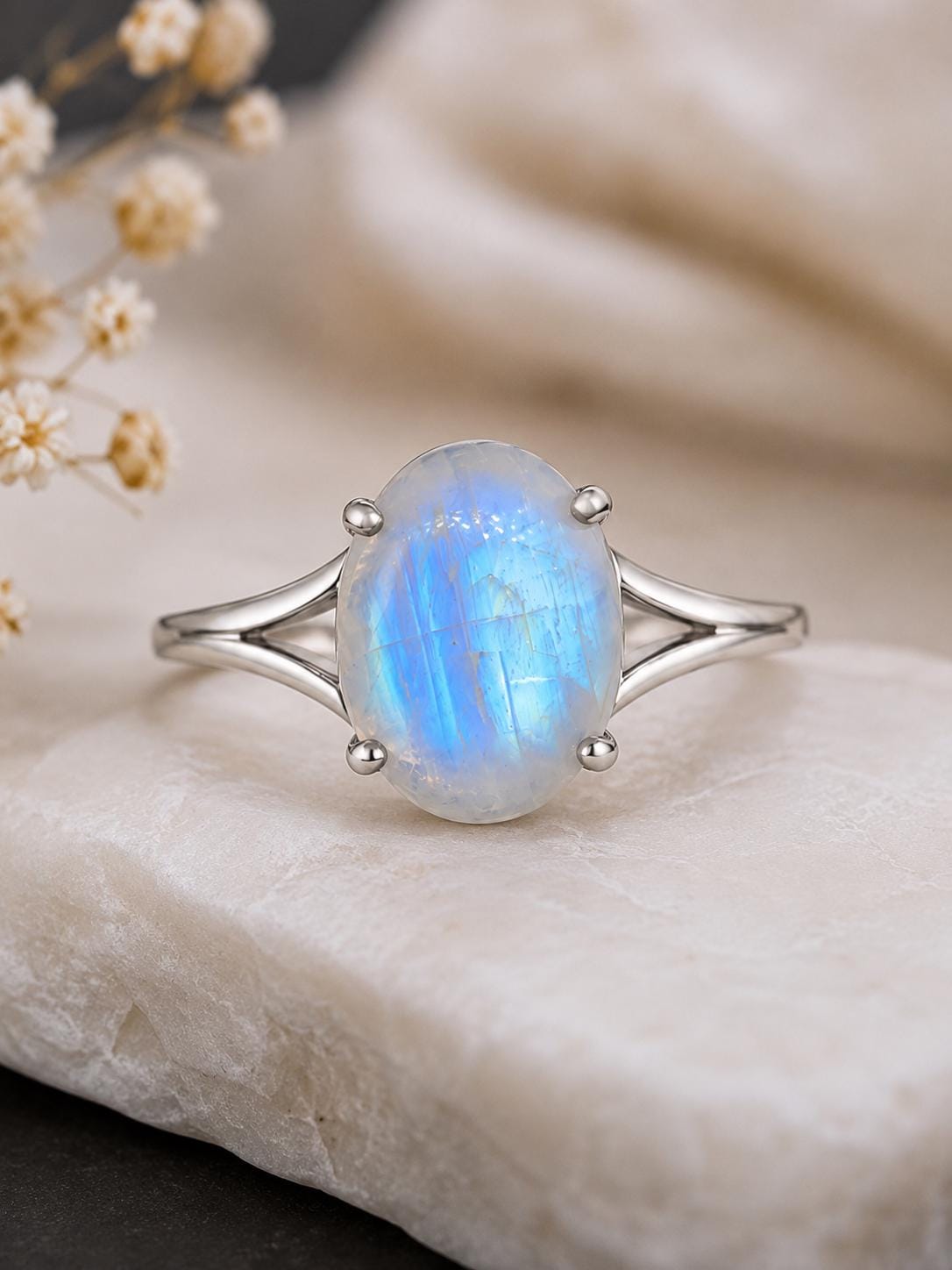 925 Sterling Silver Oval Moonstone Ring, Blue Flash, June Birthstone, Split Shank, Boho Style