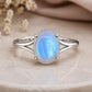 925 Sterling Silver Oval Moonstone Ring, Blue Flash, June Birthstone, Split Shank, Boho Style