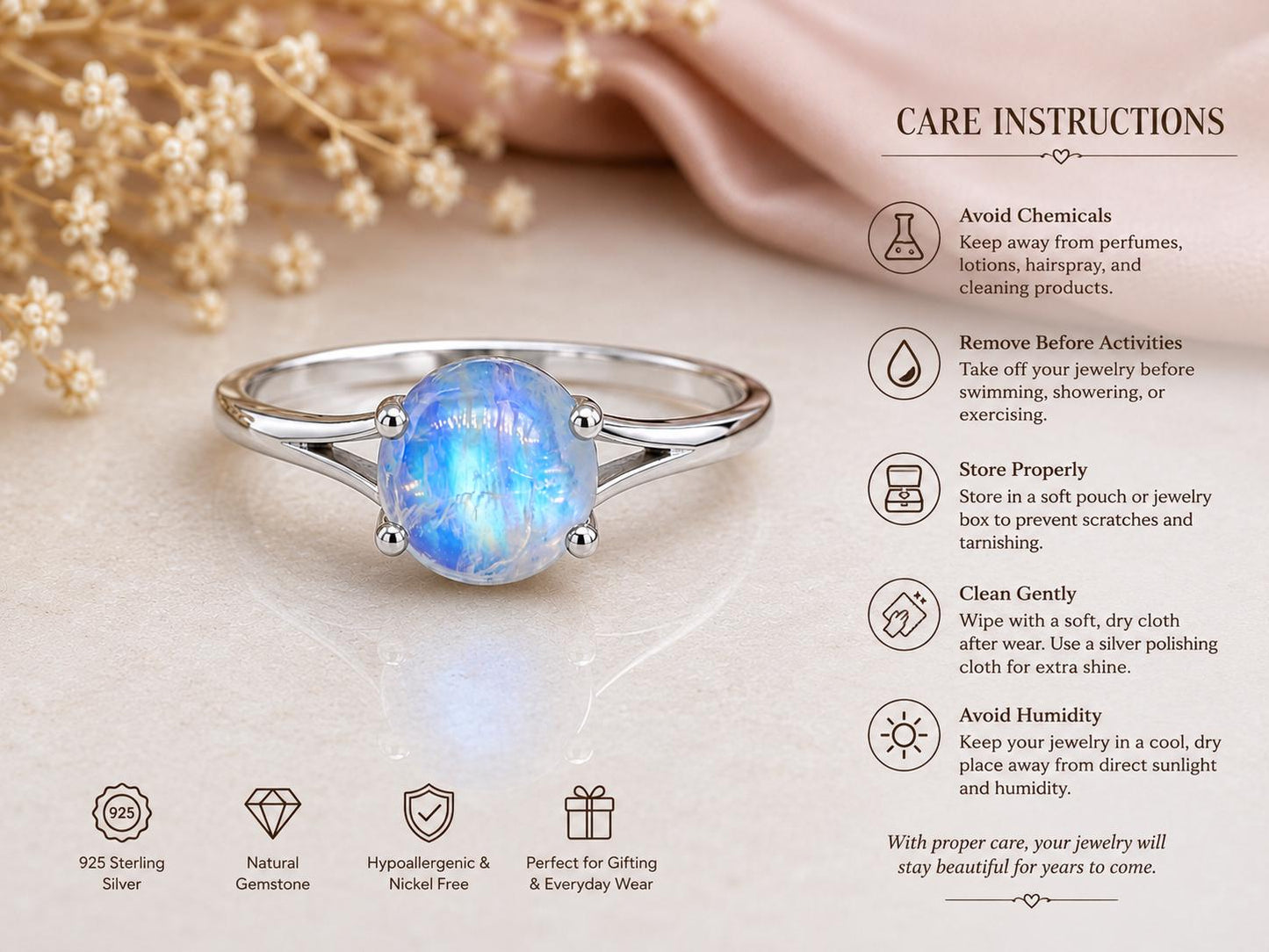 925 Sterling Silver Round Moonstone Ring, Natural Blue Flash Cabochon, Minimalist Solitaire, June Birthstone