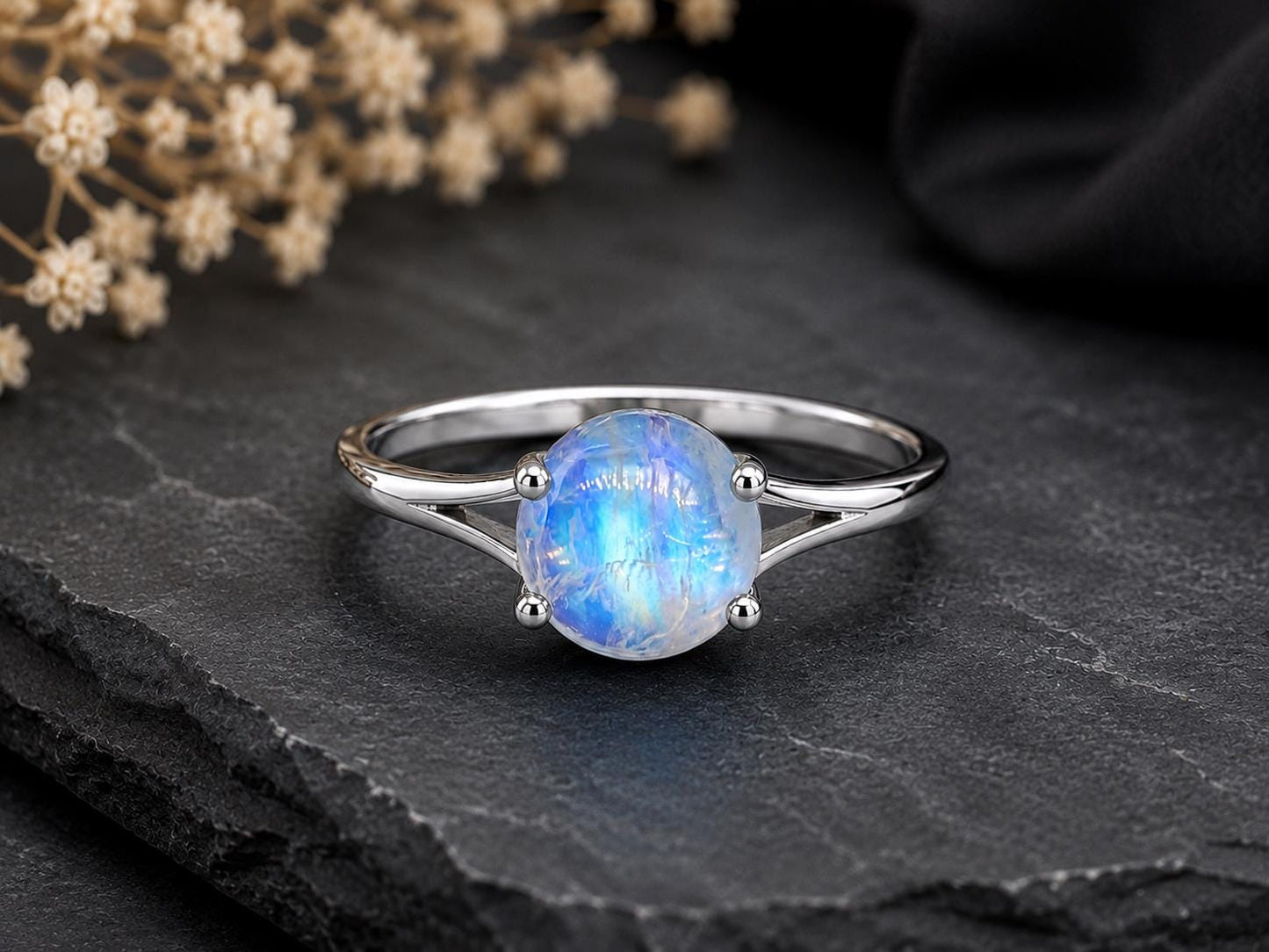 925 Sterling Silver Round Moonstone Ring, Natural Blue Flash Cabochon, Minimalist Solitaire, June Birthstone