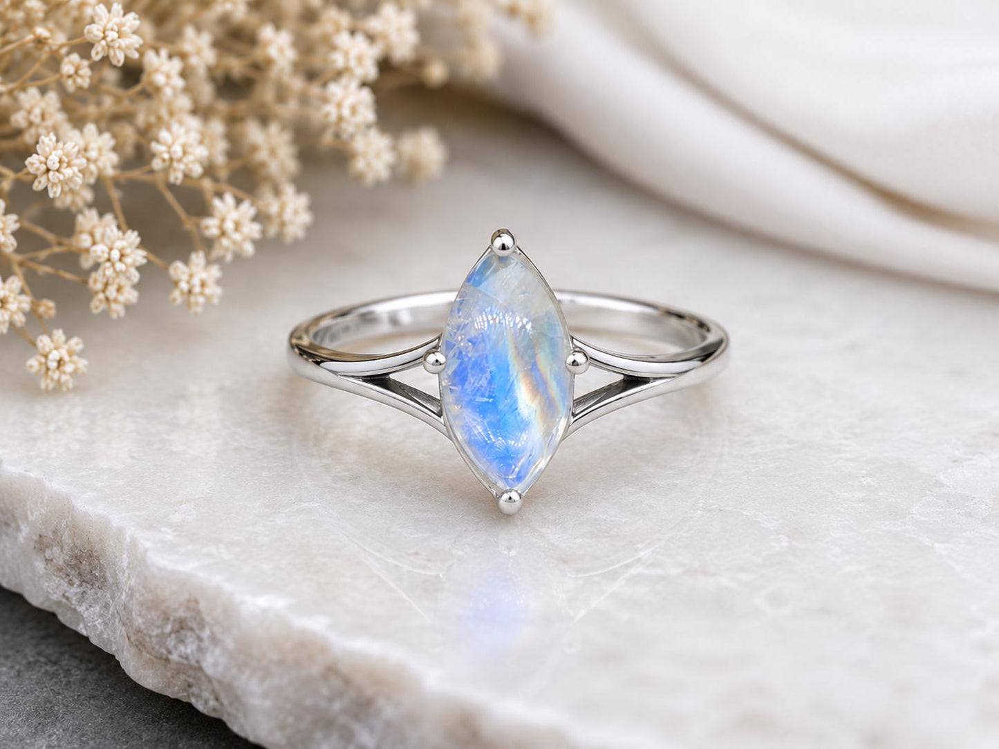 925 Sterling Silver Marquise Moonstone Ring, Natural Blue Flash Gemstone, Minimalist Solitaire, June Birthstone