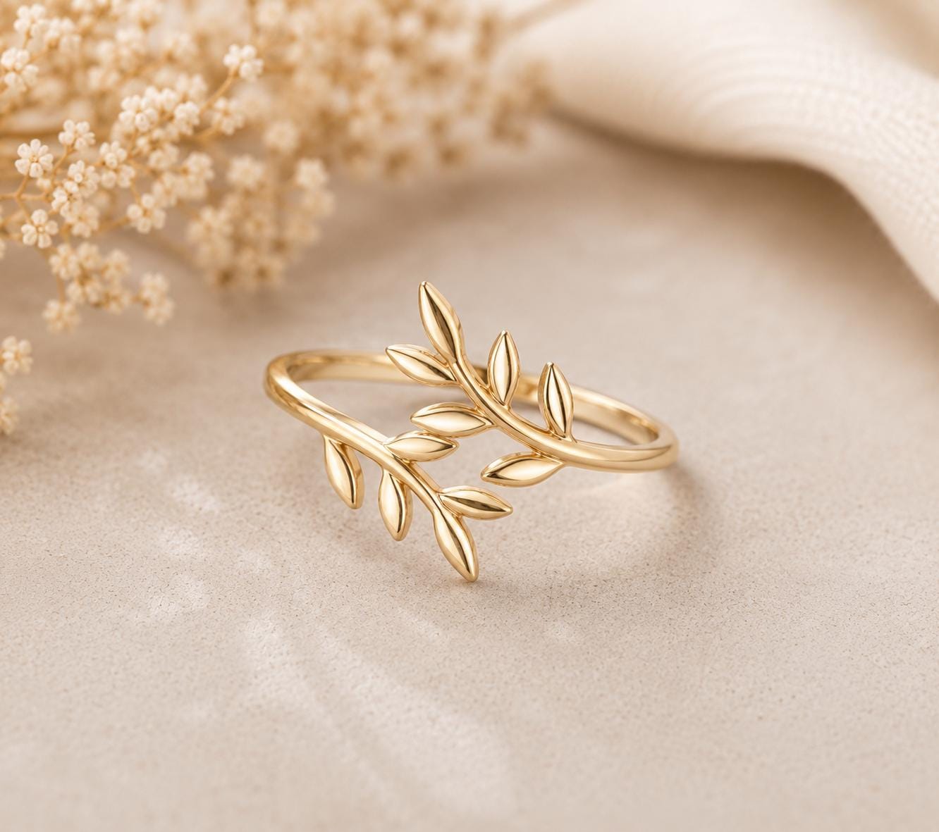 Sterling Silver Leaf Ring, Minimalist Olive Branch Wrap, Botanical Nature Jewelry