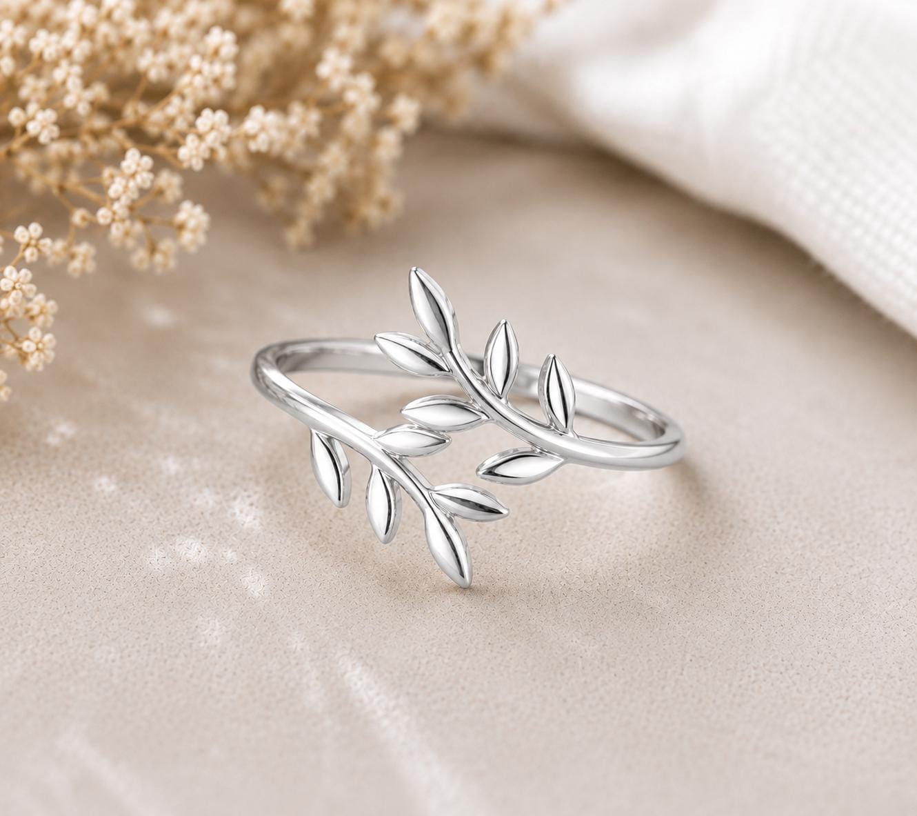 Sterling Silver Leaf Ring, Minimalist Olive Branch Wrap, Botanical Nature Jewelry