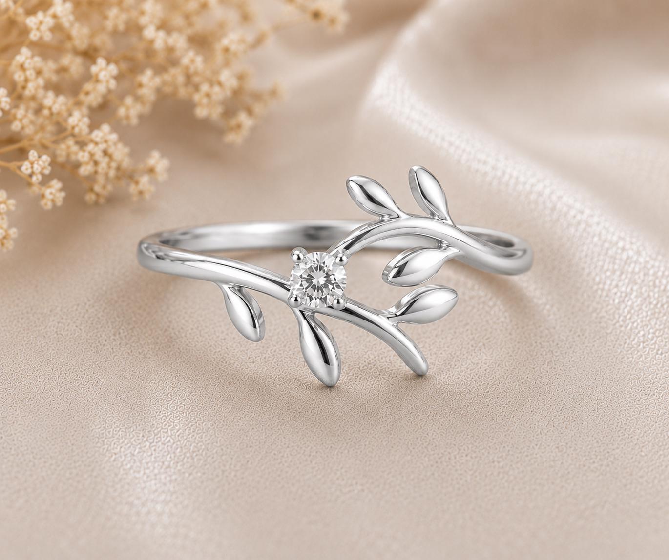 925 Sterling Silver Moissanite Leaf Ring, Botanical Engagement, Dainty Stacking Jewelry