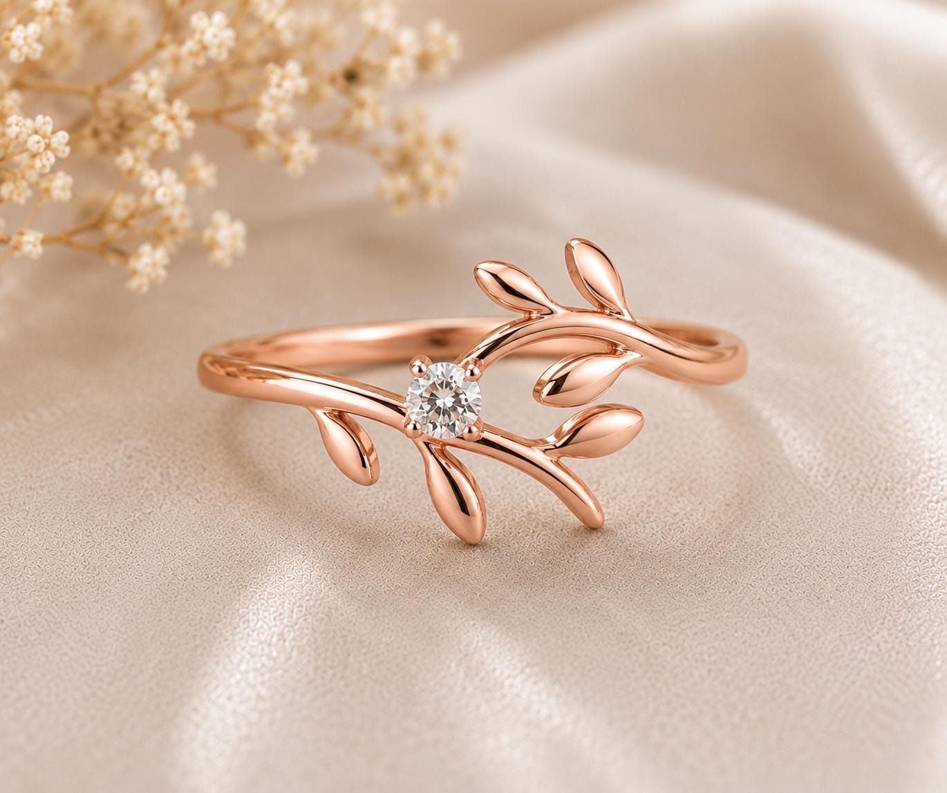 925 Sterling Silver Moissanite Leaf Ring, Botanical Engagement, Dainty Stacking Jewelry