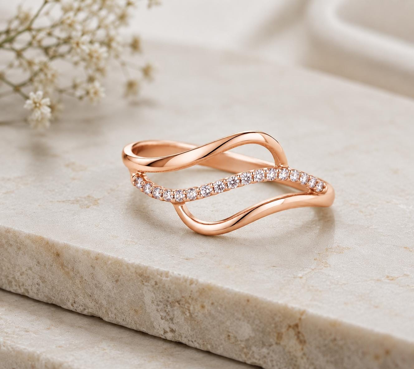 925 Sterling Silver Wave Ring, PavÃ© Cubic Zirconia, Minimalist Stacking Band