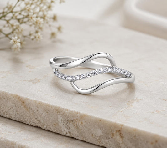 925 Sterling Silver Wave Ring, PavÃ© Cubic Zirconia, Minimalist Stacking Band