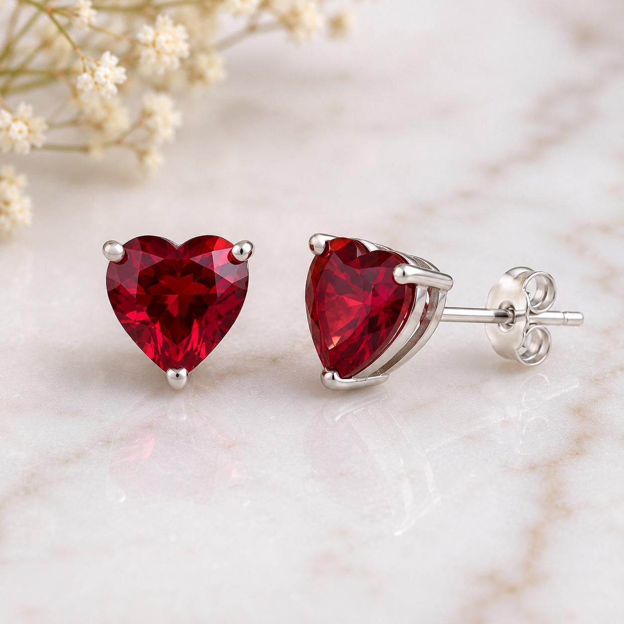 925 Sterling Silver Red Heart CZ Stud Earrings, Heart Cubic Zirconia Earrings, Romantic Studs, Dainty Love Earrings, Gift for Her