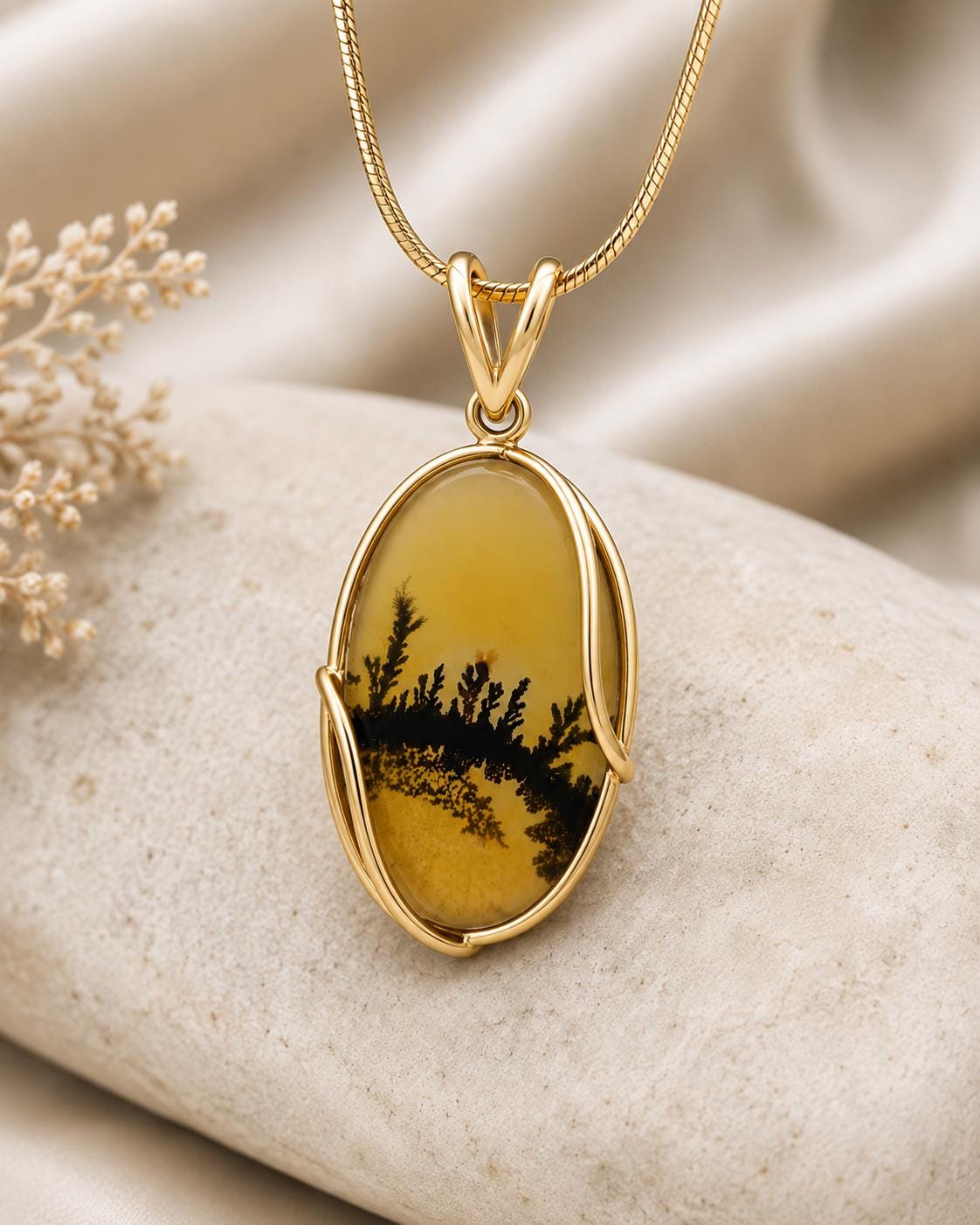 925 Sterling Silver Shazar Agate Pendant Necklace, Natural Dendritic Agate Pendant, Oval Landscape Stone Necklace, Handmade Gift for Her