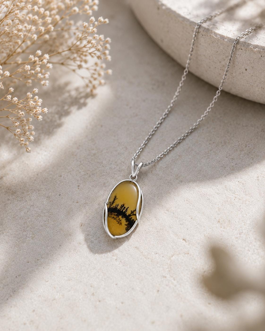 925 Sterling Silver Shazar Agate Pendant Necklace, Natural Dendritic Agate Pendant, Oval Landscape Stone Necklace, Handmade Gift for Her