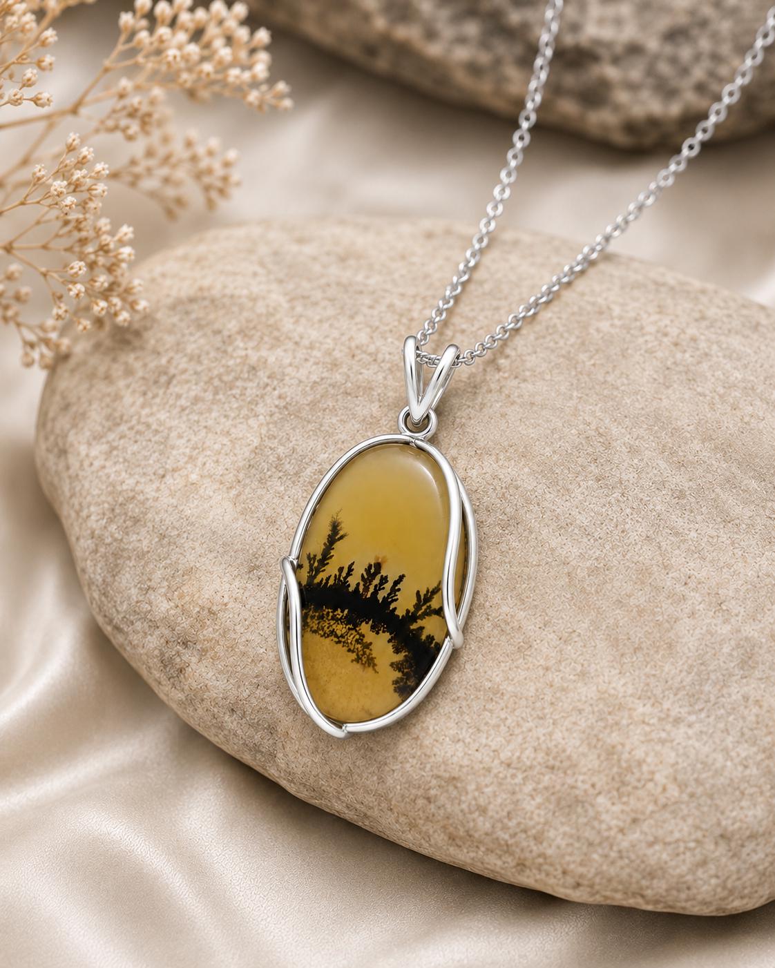 925 Sterling Silver Shazar Agate Pendant Necklace, Natural Dendritic Agate Pendant, Oval Landscape Stone Necklace, Handmade Gift for Her