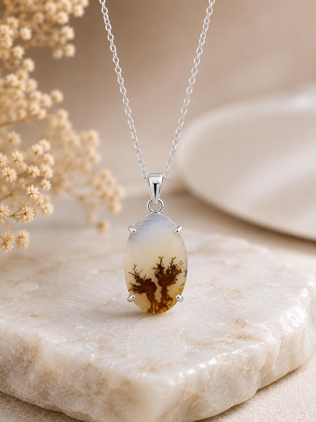 925 Sterling Silver Shazar Agate Pendant Necklace, Natural Dendritic, Oval Landscape Gemstone Pendant, Handmade Nature Jewelry
