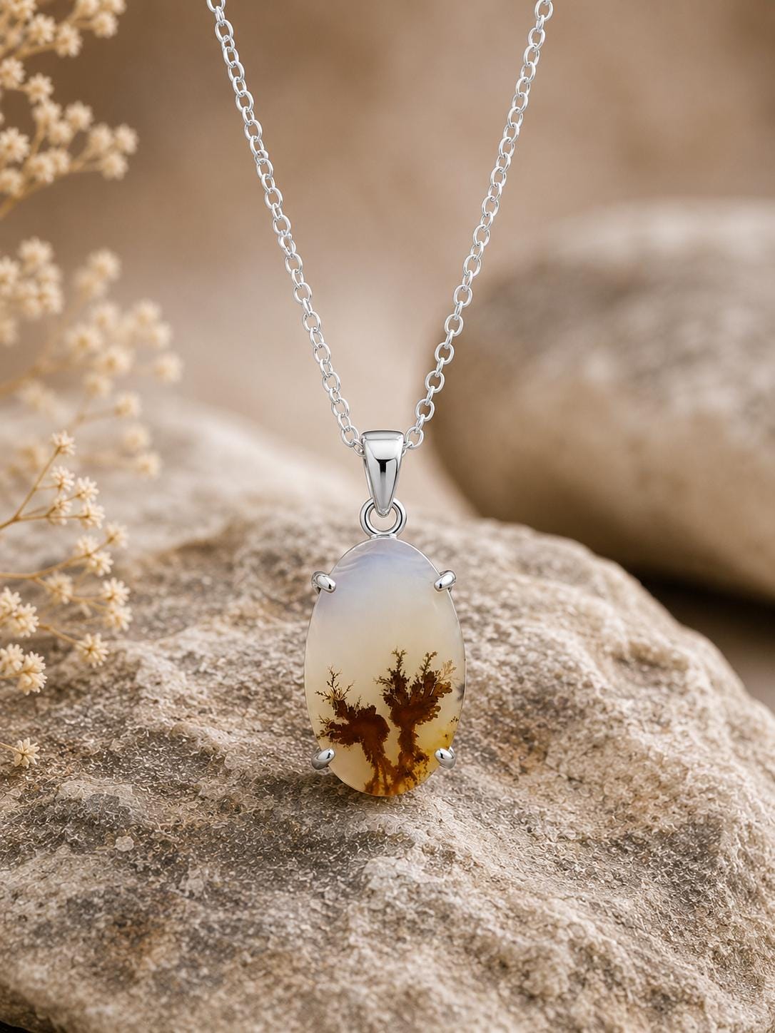 925 Sterling Silver Shazar Agate Pendant Necklace, Natural Dendritic, Oval Landscape Gemstone Pendant, Handmade Nature Jewelry