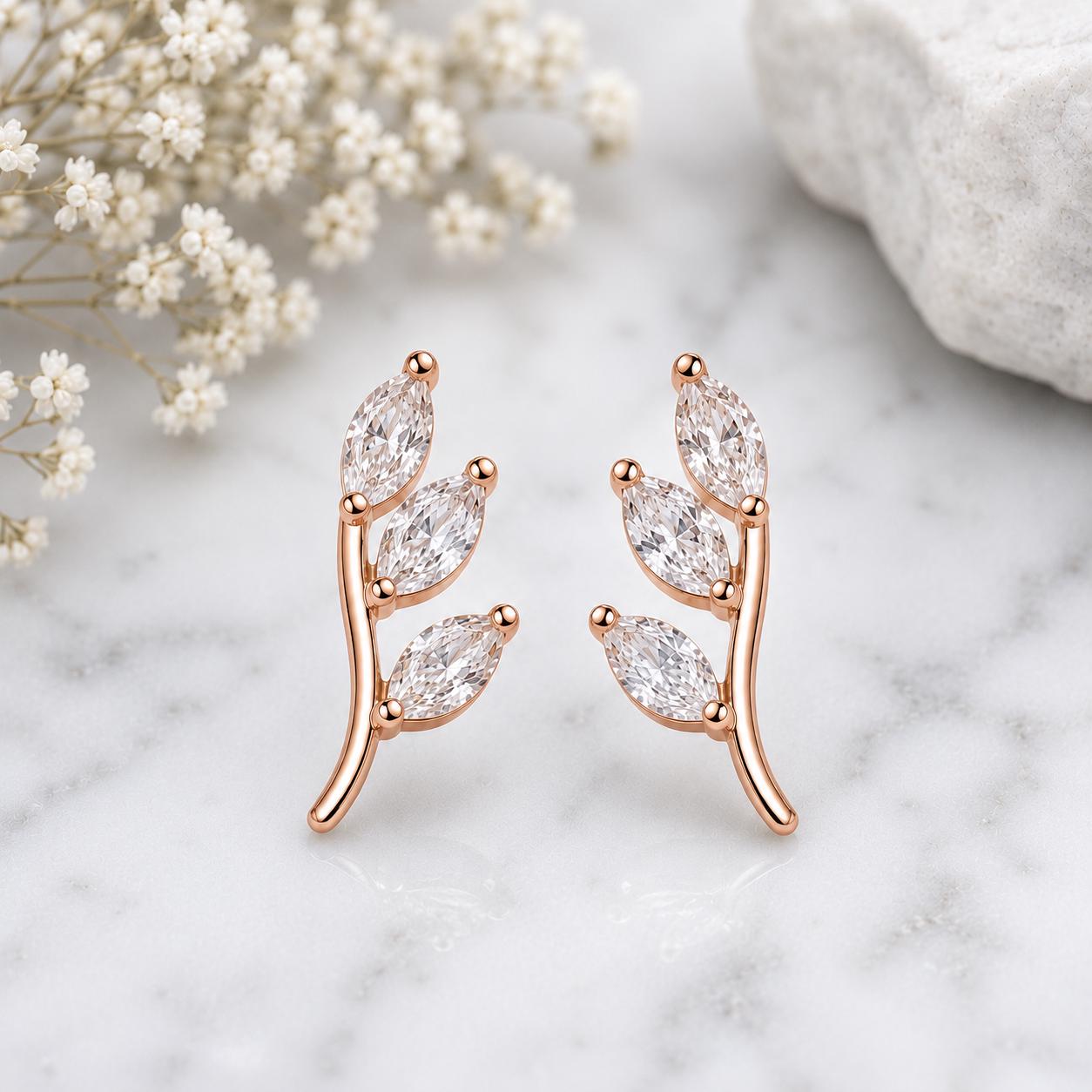 Sterling Silver Leaf Climber Earrings, Marquise CZ Botanical Vine Crawler