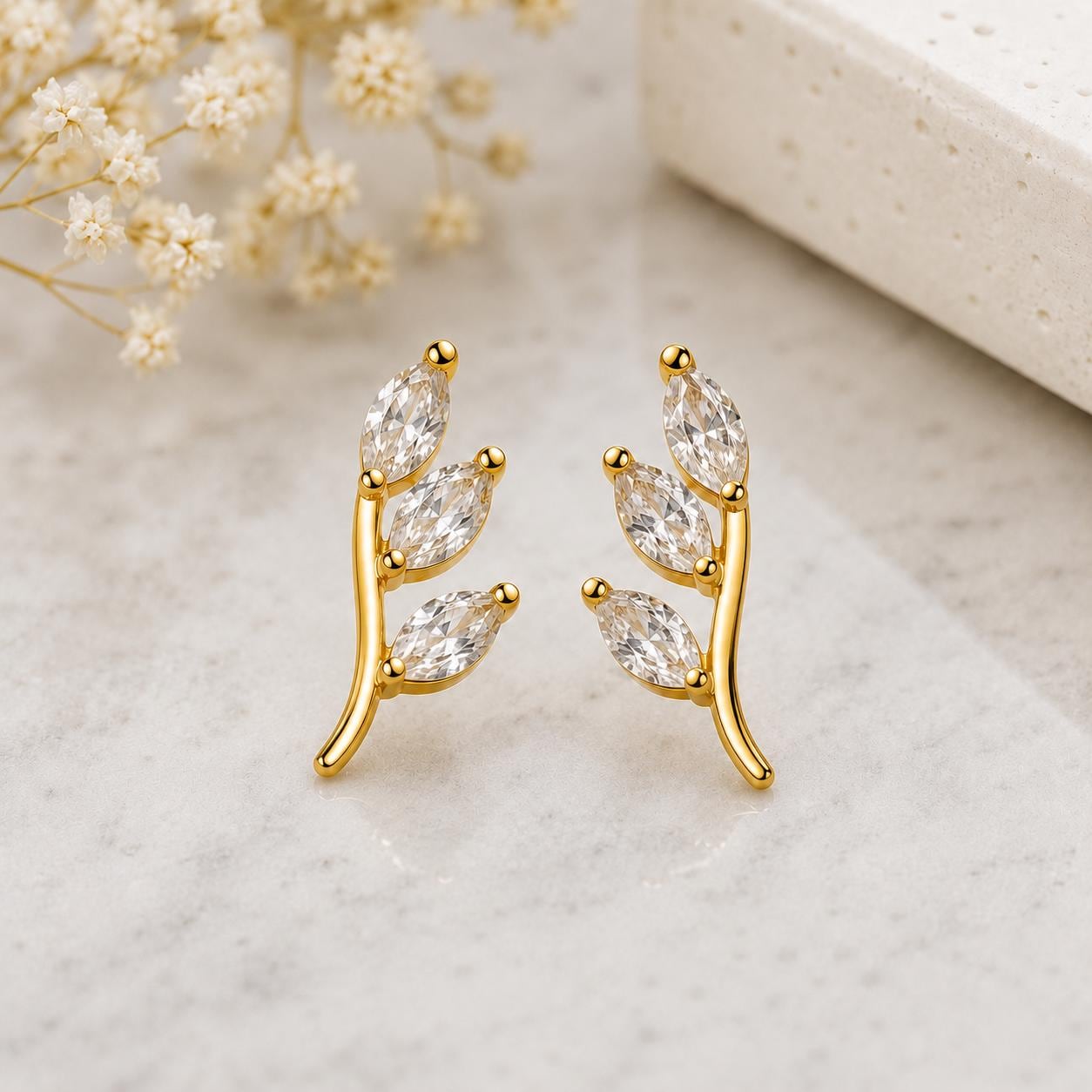 Sterling Silver Leaf Climber Earrings, Marquise CZ Botanical Vine Crawler