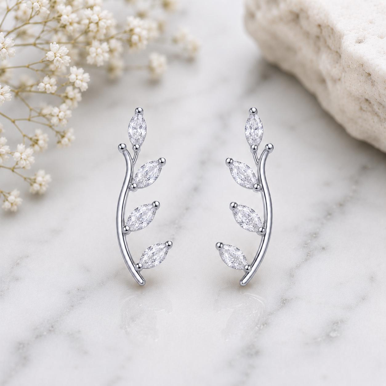 Sterling Silver Leaf Climber Earrings, Marquise CZ Vine Ear Crawler Botanical Studs