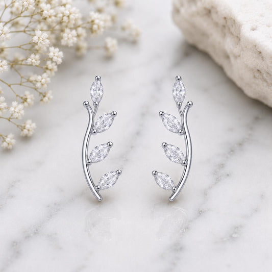 Sterling Silver Leaf Climber Earrings, Marquise CZ Vine Ear Crawler Botanical Studs