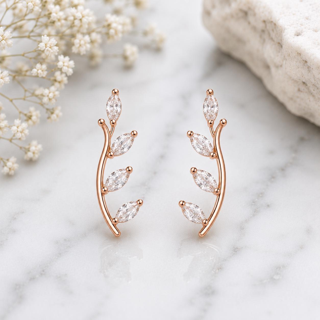 Sterling Silver Leaf Climber Earrings, Marquise CZ Vine Ear Crawler Botanical Studs