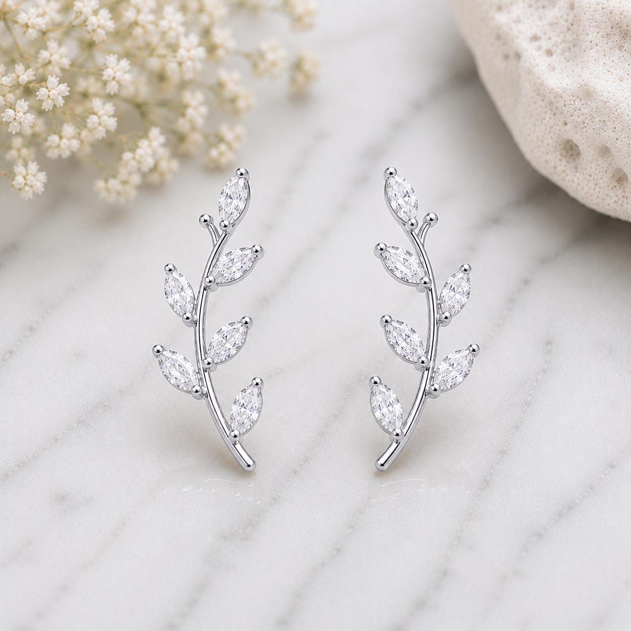 Sterling Silver Leaf Climber Earrings, Marquise CZ Vine Botanical Ear Crawler