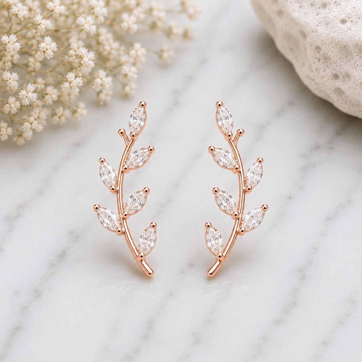 Sterling Silver Leaf Climber Earrings, Marquise CZ Vine Botanical Ear Crawler