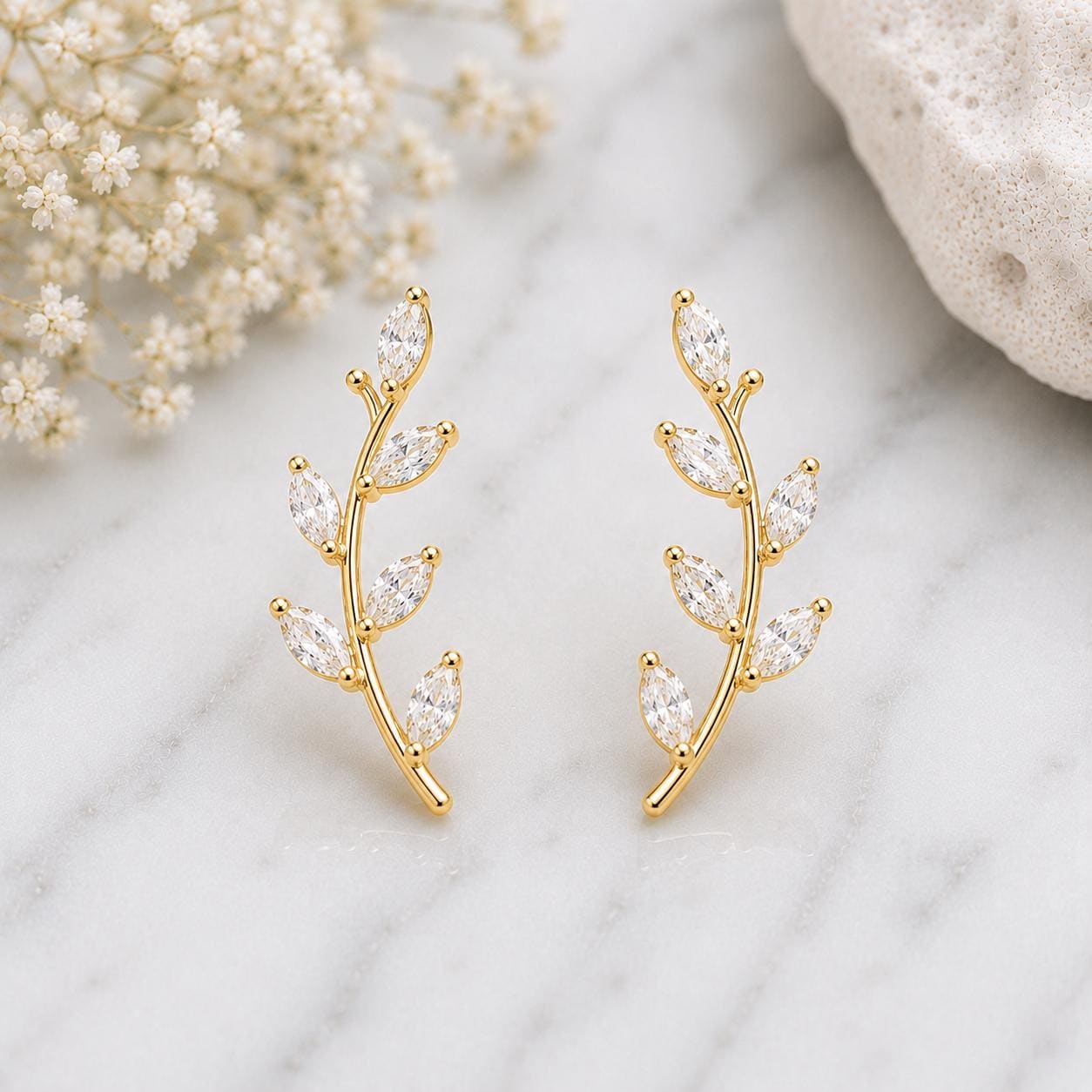 Sterling Silver Leaf Climber Earrings, Marquise CZ Vine Botanical Ear Crawler