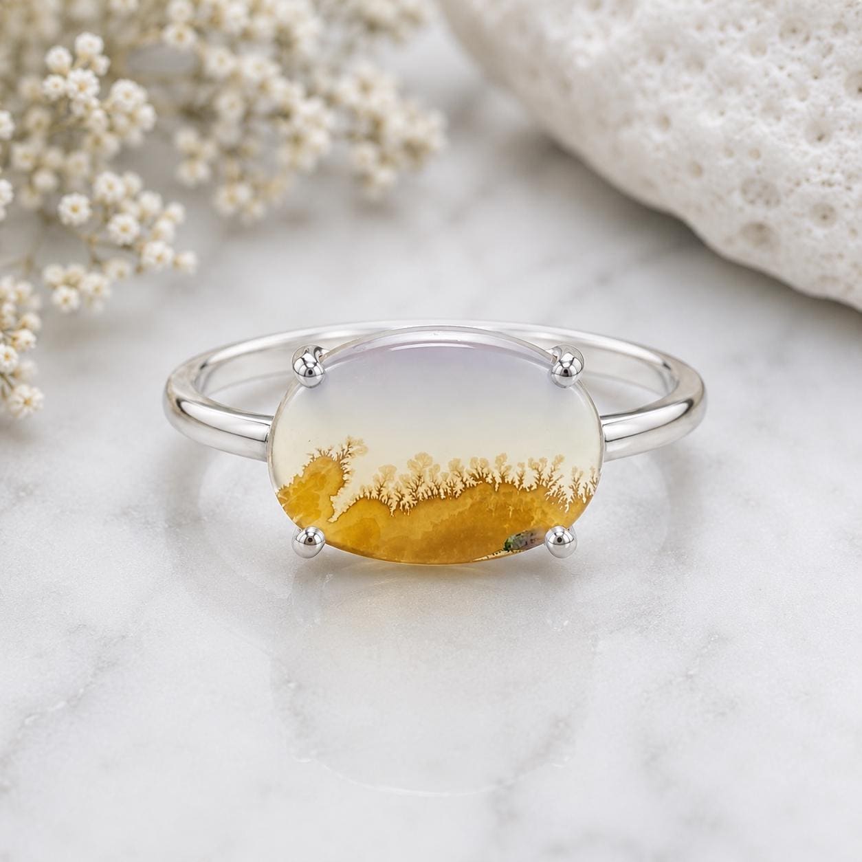 925 Sterling Silver Shazar Dendrite Agate Ring, Oval Gemstone Nature Landscape Jewelry
